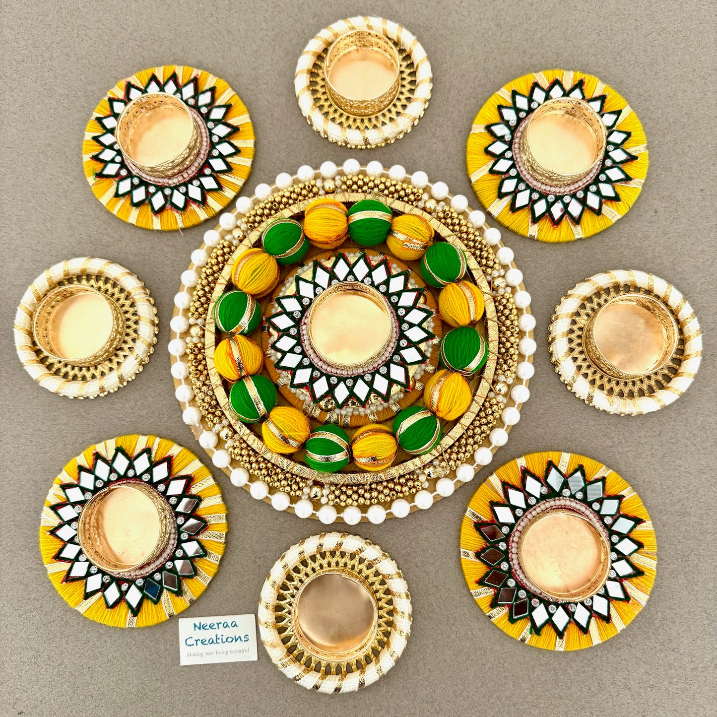 Premium Diwali Decoration Set – Designer Rangoli with Mirror Work Tealight Holders