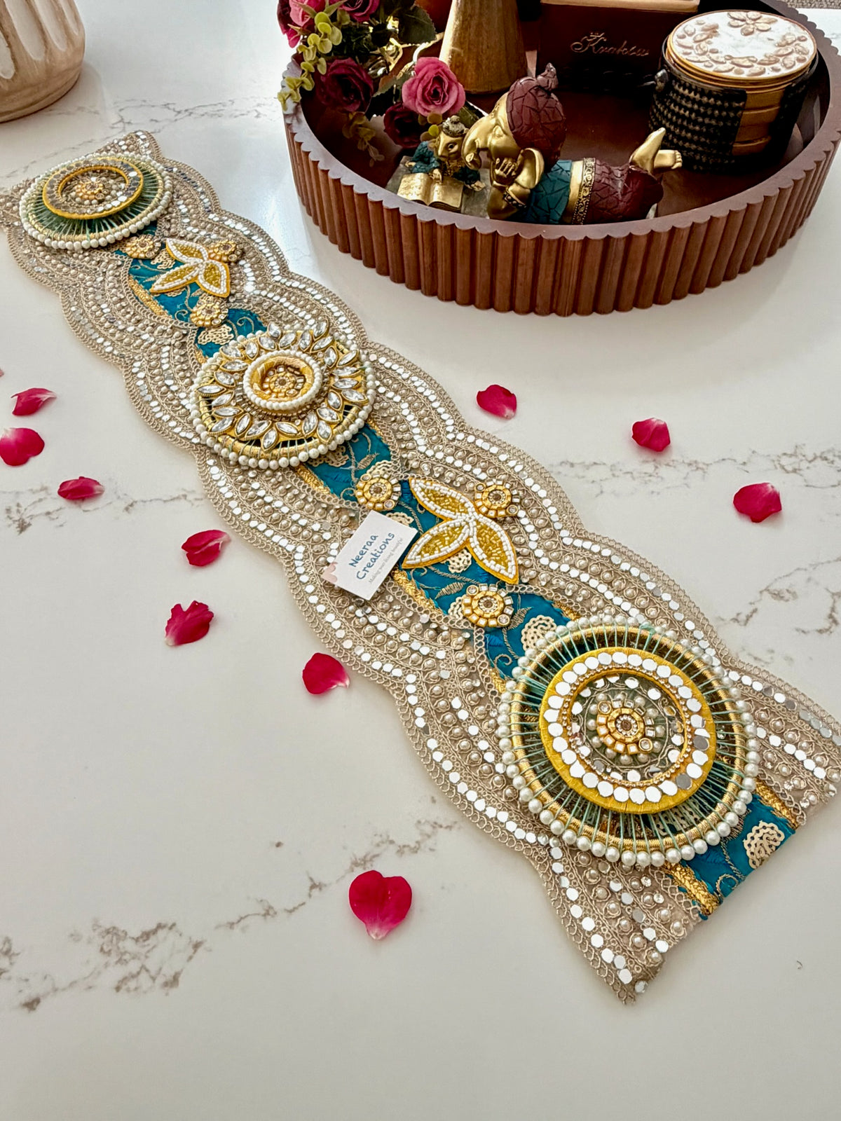 Handcrafted Teal & Gold color Table Runner | Festive Centerpiece