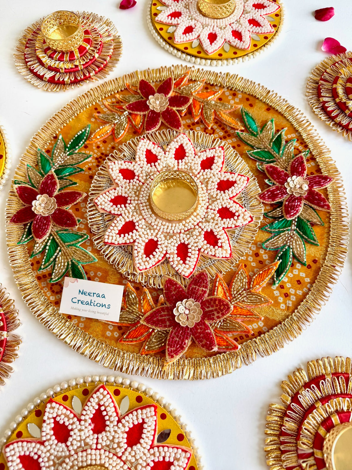 Handcrafted 9-Piece Beaded Rangoli & Diya Holder Set | Festive Decor