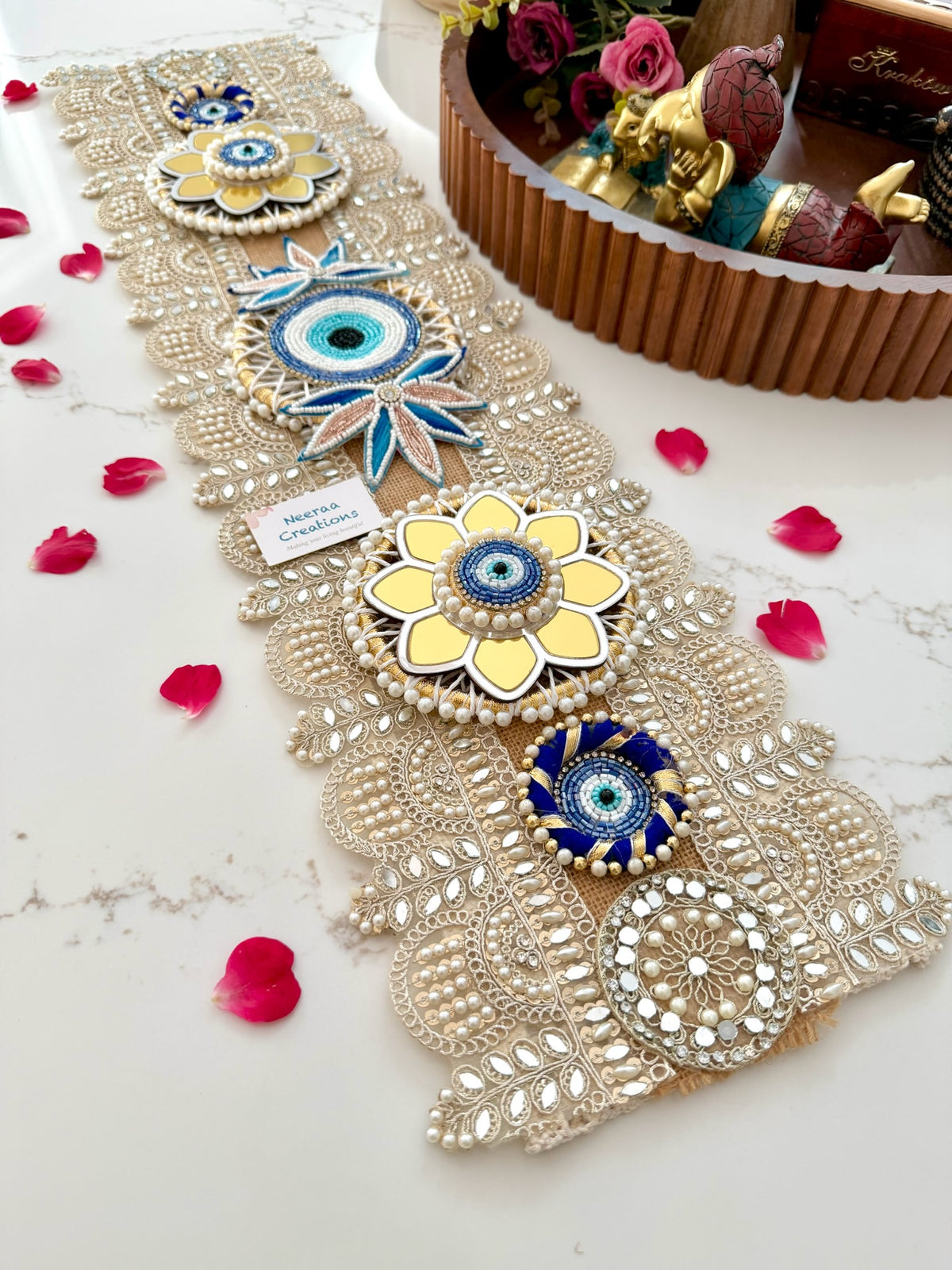 Handcrafted Evil Eye & Mirror Work Table Runner