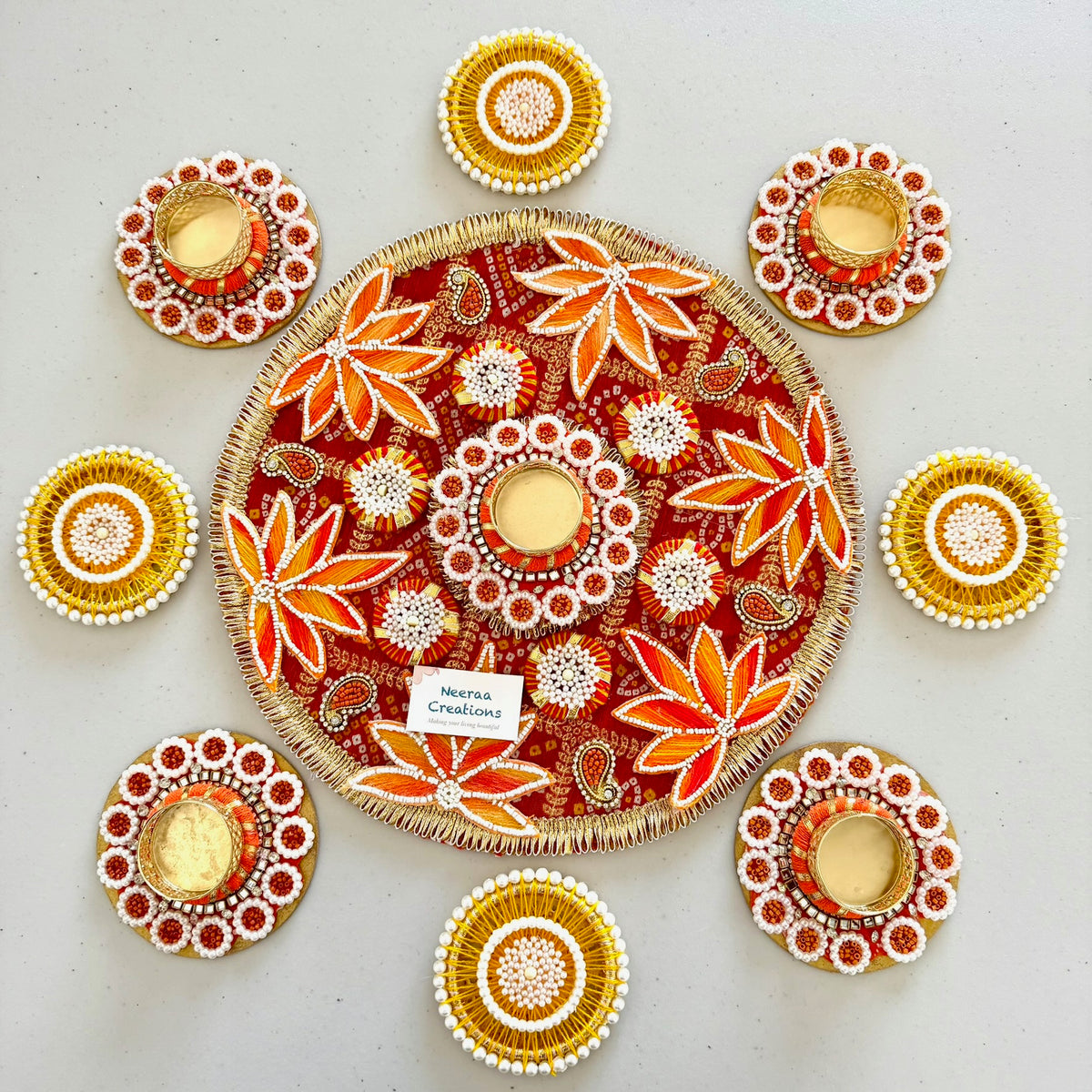 Handcrafted 9-Piece Rangoli & Tea Light Holder Set | Festive Centerpiece