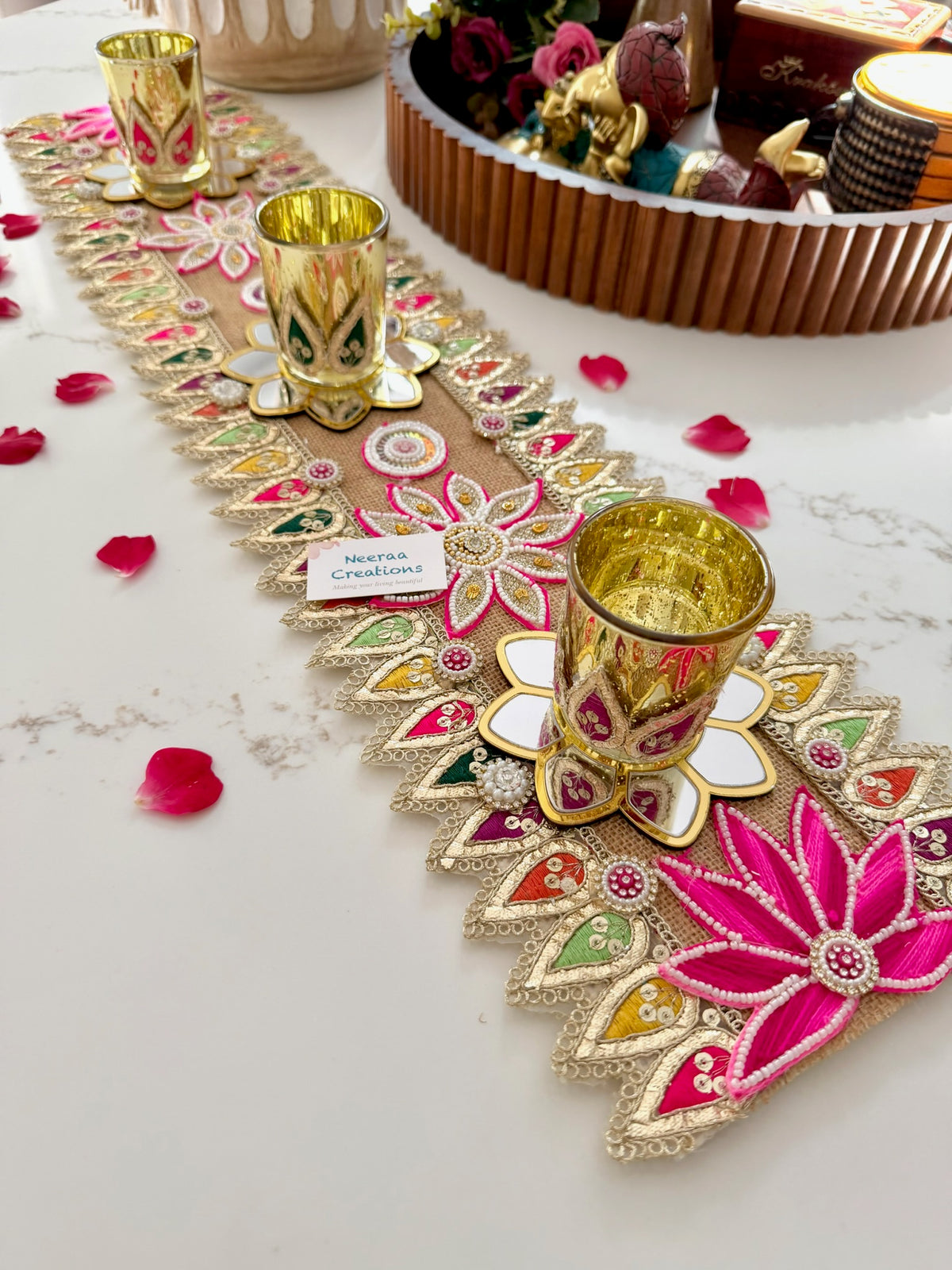 Handcrafted Festive Table Runner with 3 Glass Tea Light Holders