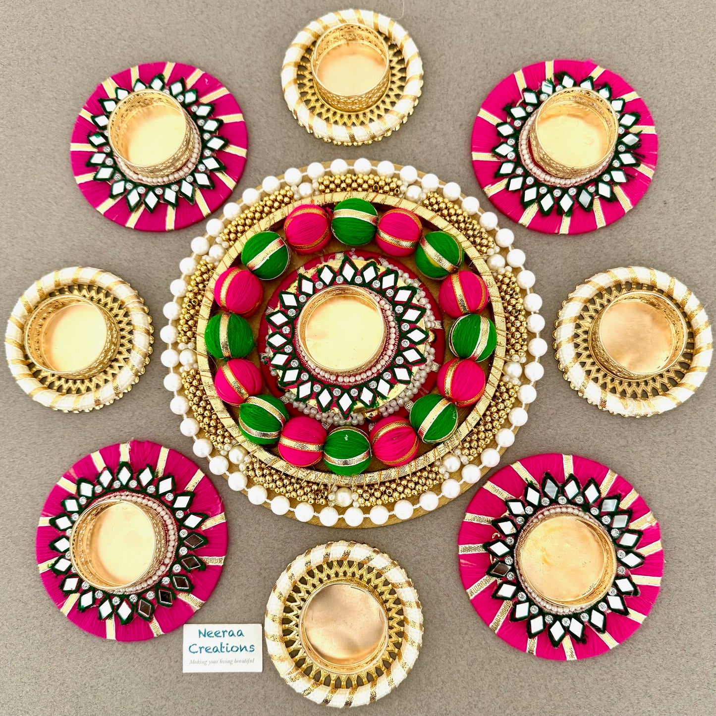 Premium Diwali Decoration Set – Designer Rangoli with Mirror Work Tealight Holders