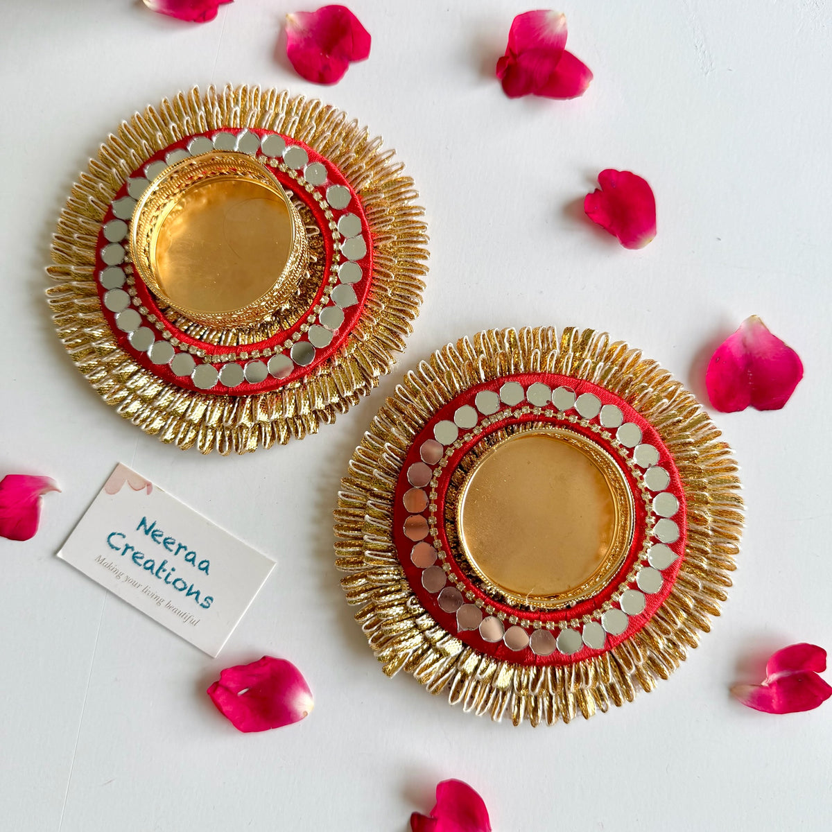 Fringed & Mirror Tea Light Holder Set (Set of 2) | Festive Diwali Gift