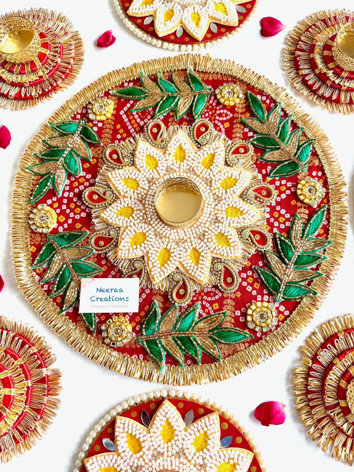 Handcrafted 9-Piece Beaded Rangoli & Diya Holder Set | Festive Decor