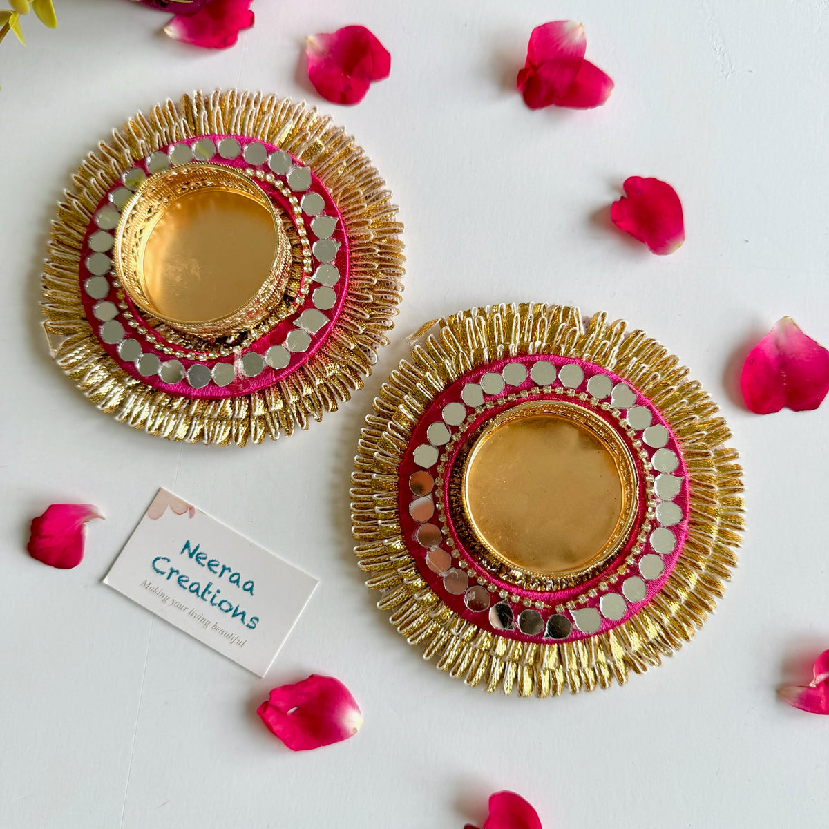 Fringed & Mirror Tea Light Holder Set (Set of 2) | Festive Diwali Gift
