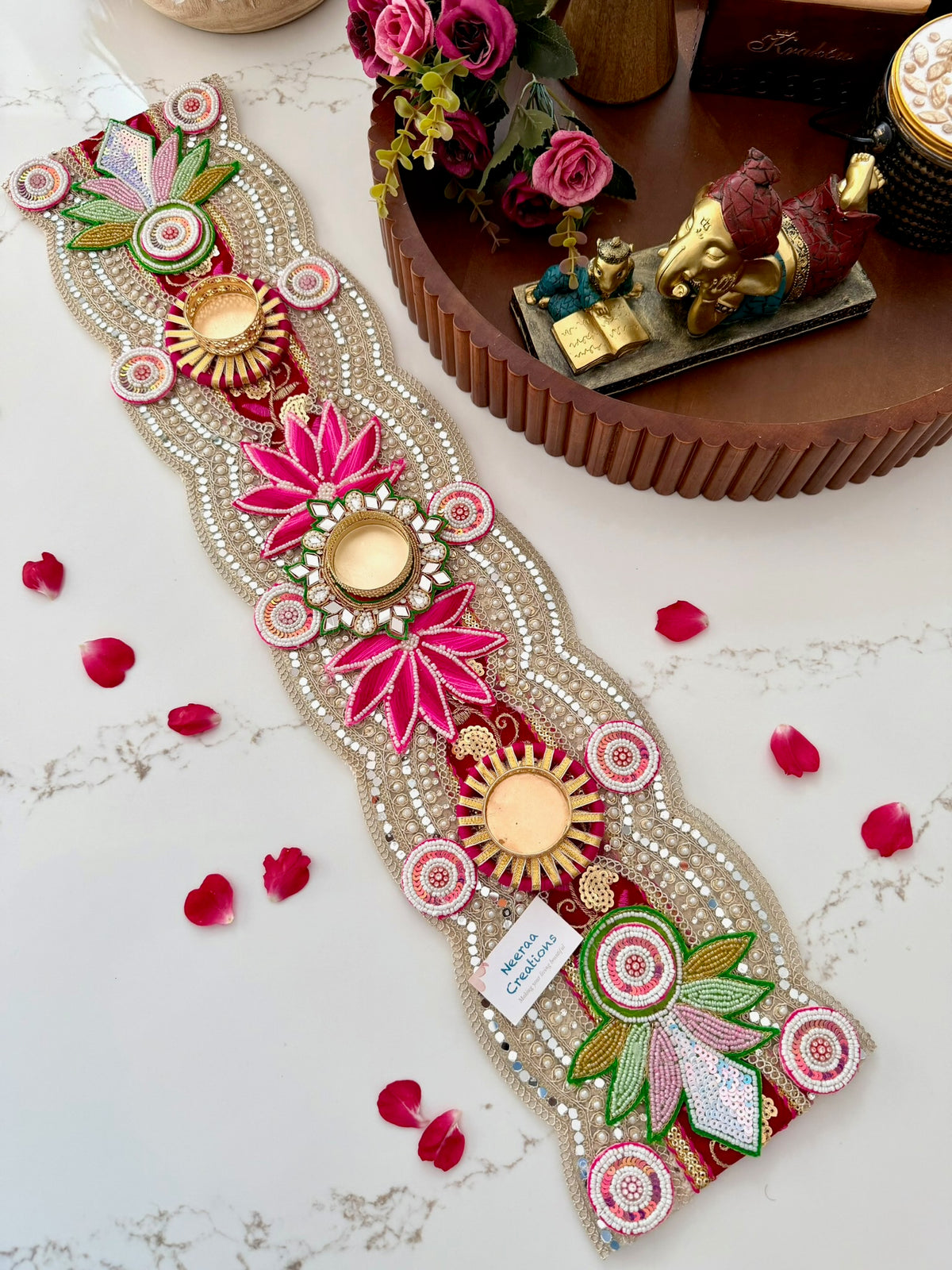 Handcrafted Table Runner & Diya Holder | Festive Centerpiece