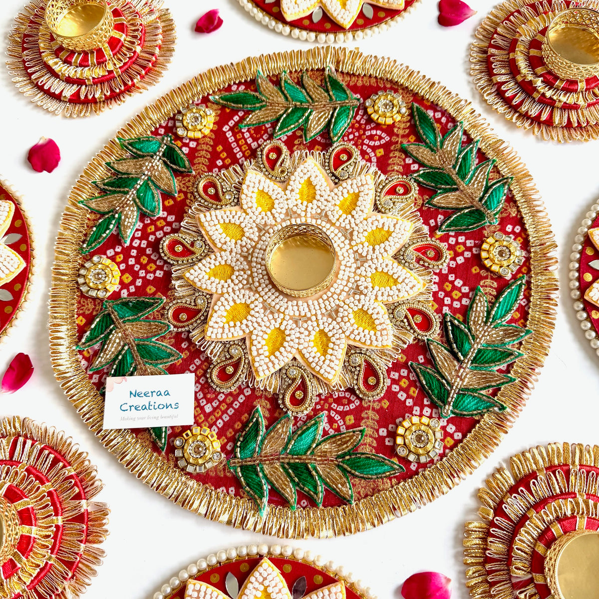 Handcrafted 9-Piece Beaded Rangoli & Diya Holder Set | Festive Decor