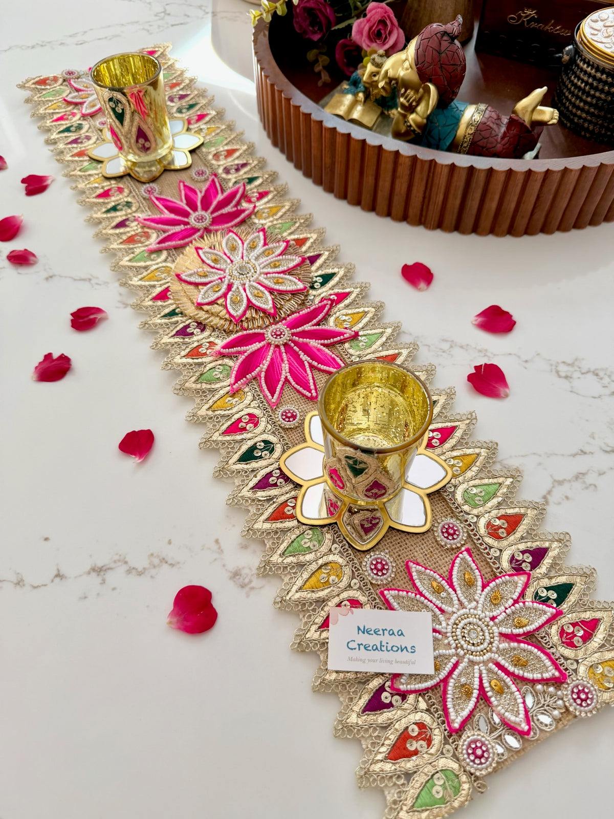 Handcrafted Festive Table Runner with 2 Glass Tea Light Holders