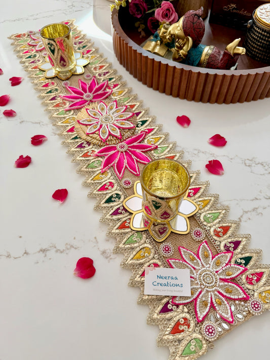 Handcrafted Festive Table Runner with 2 Glass Tea Light Holders