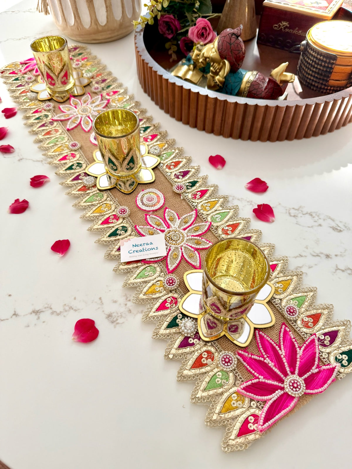 Handcrafted Festive Table Runner with 3 Glass Tea Light Holders