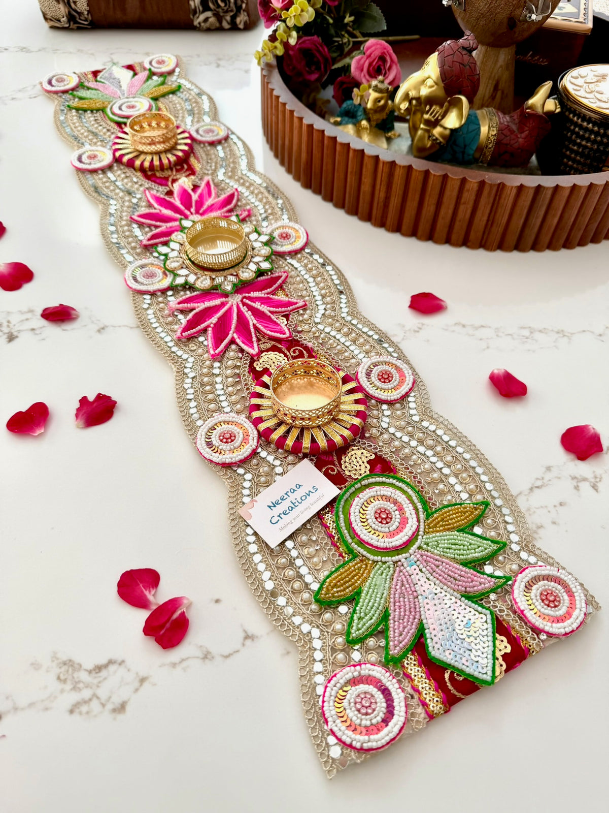 Handcrafted Table Runner & Diya Holder | Festive Centerpiece