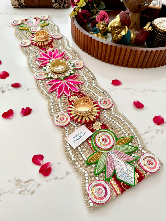 Handcrafted Table Runner & Diya Holder | Festive Centerpiece