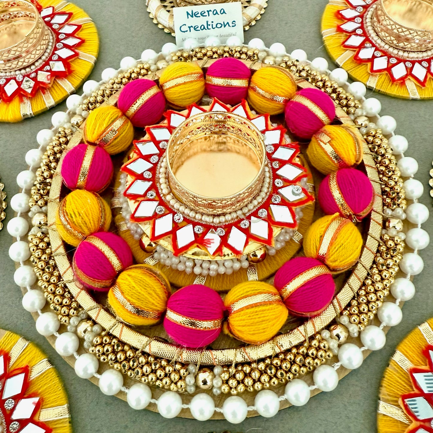 Premium Diwali Decoration Set – Designer Rangoli with Mirror Work Tealight Holders