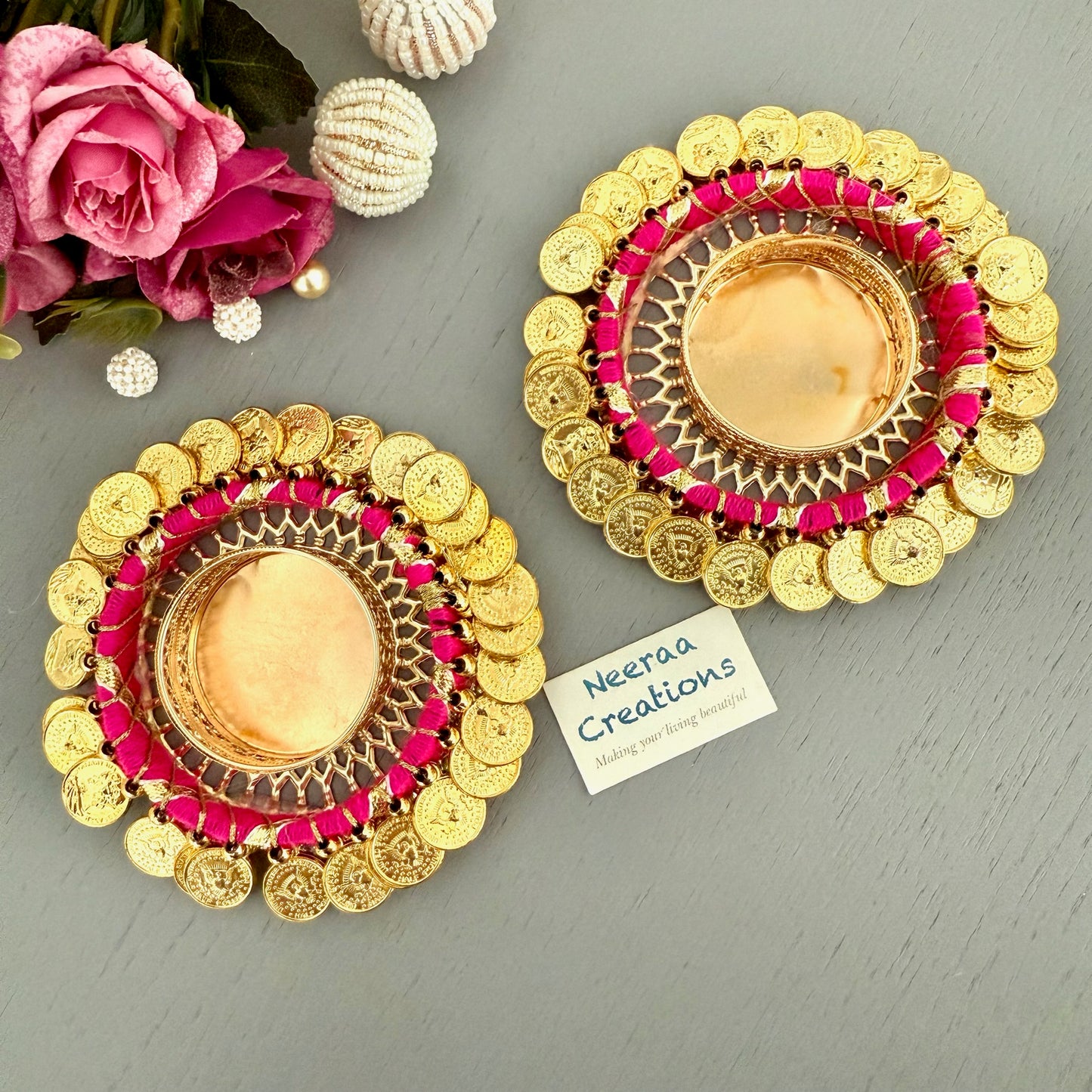 Gold color coin (ginni) Tea-light holders (Set of 2)