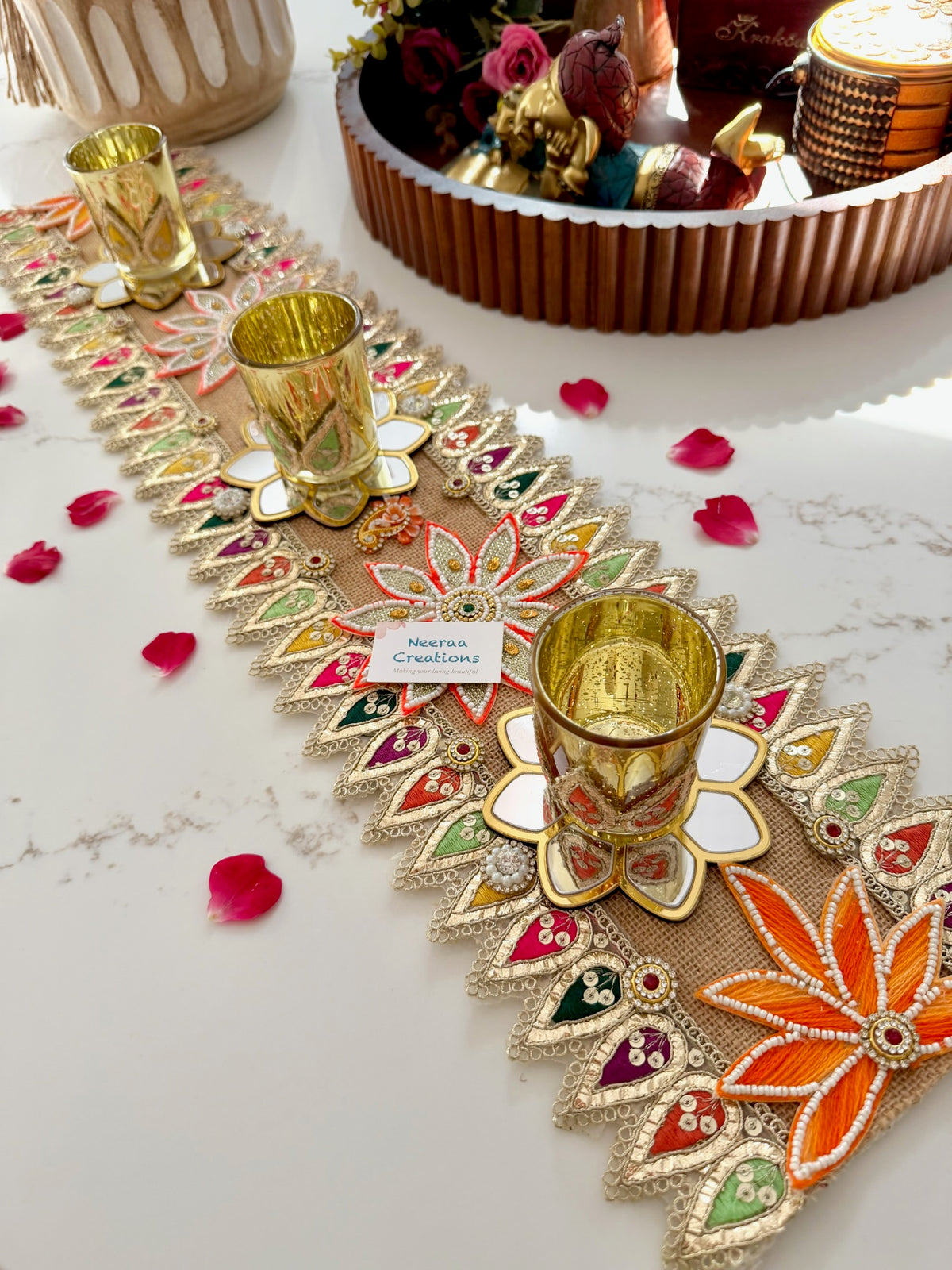 Handcrafted Festive Table Runner with 3 Glass Tea Light Holders