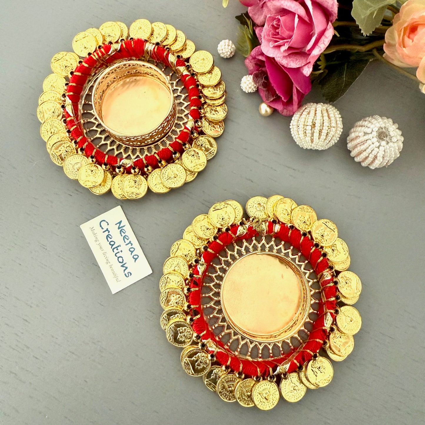 Gold color coin (ginni) Tea-light holders (Set of 2)