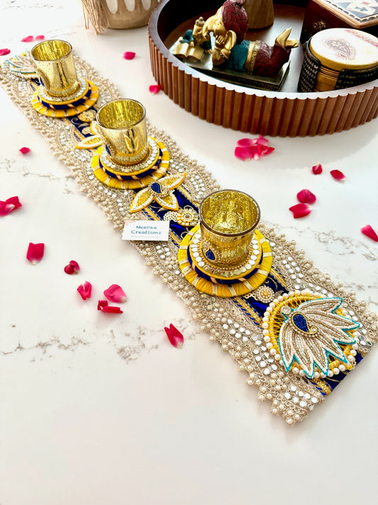 Handcrafted Festive Table Runner with 3 Glass Tea Light Holders