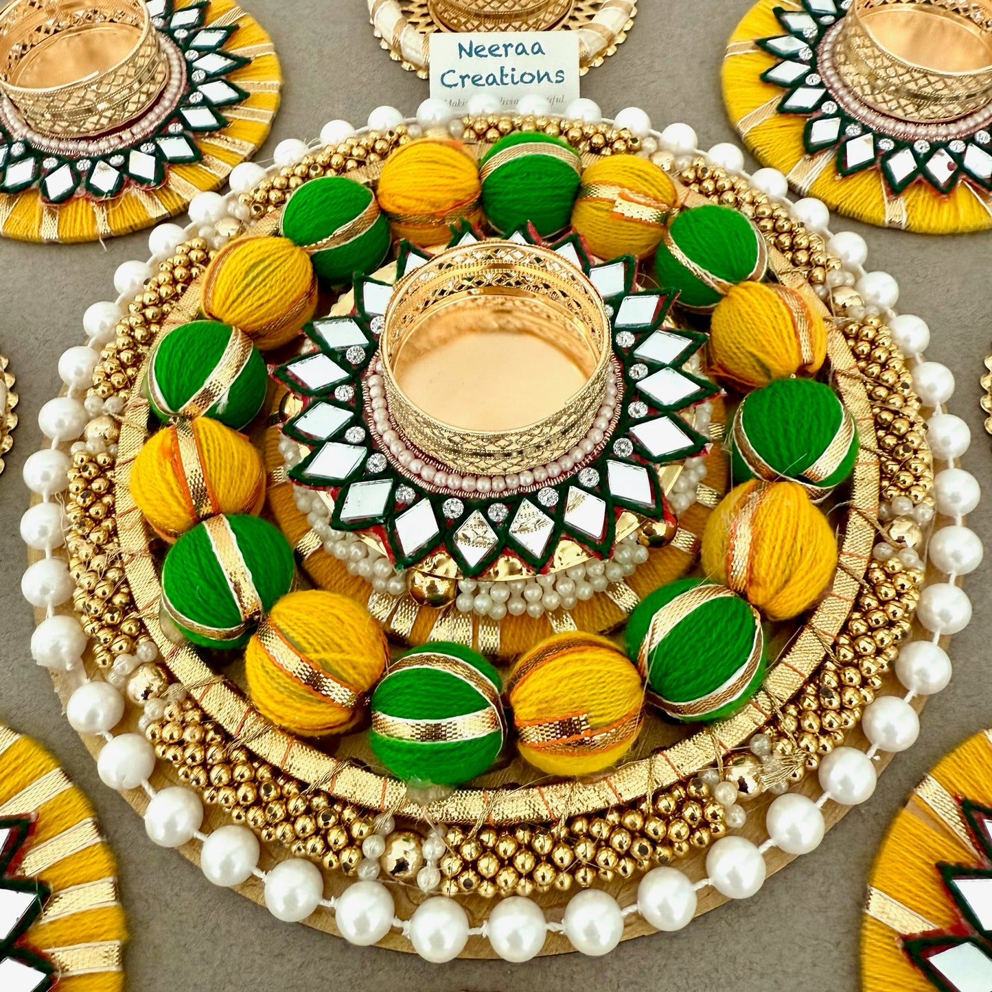 Premium Diwali Decoration Set – Designer Rangoli with Mirror Work Tealight Holders