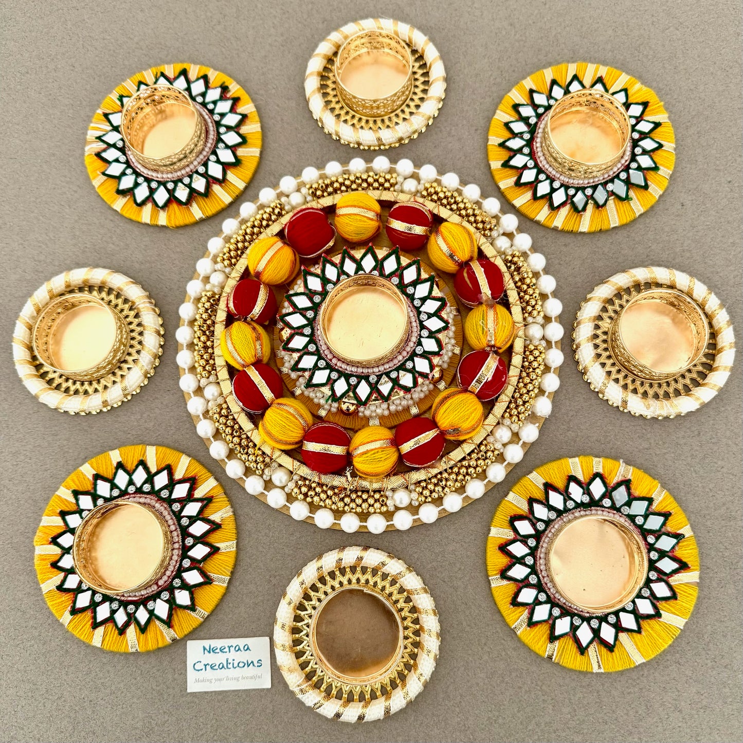 Premium Diwali Decoration Set – Designer Rangoli with Mirror Work Tealight Holders