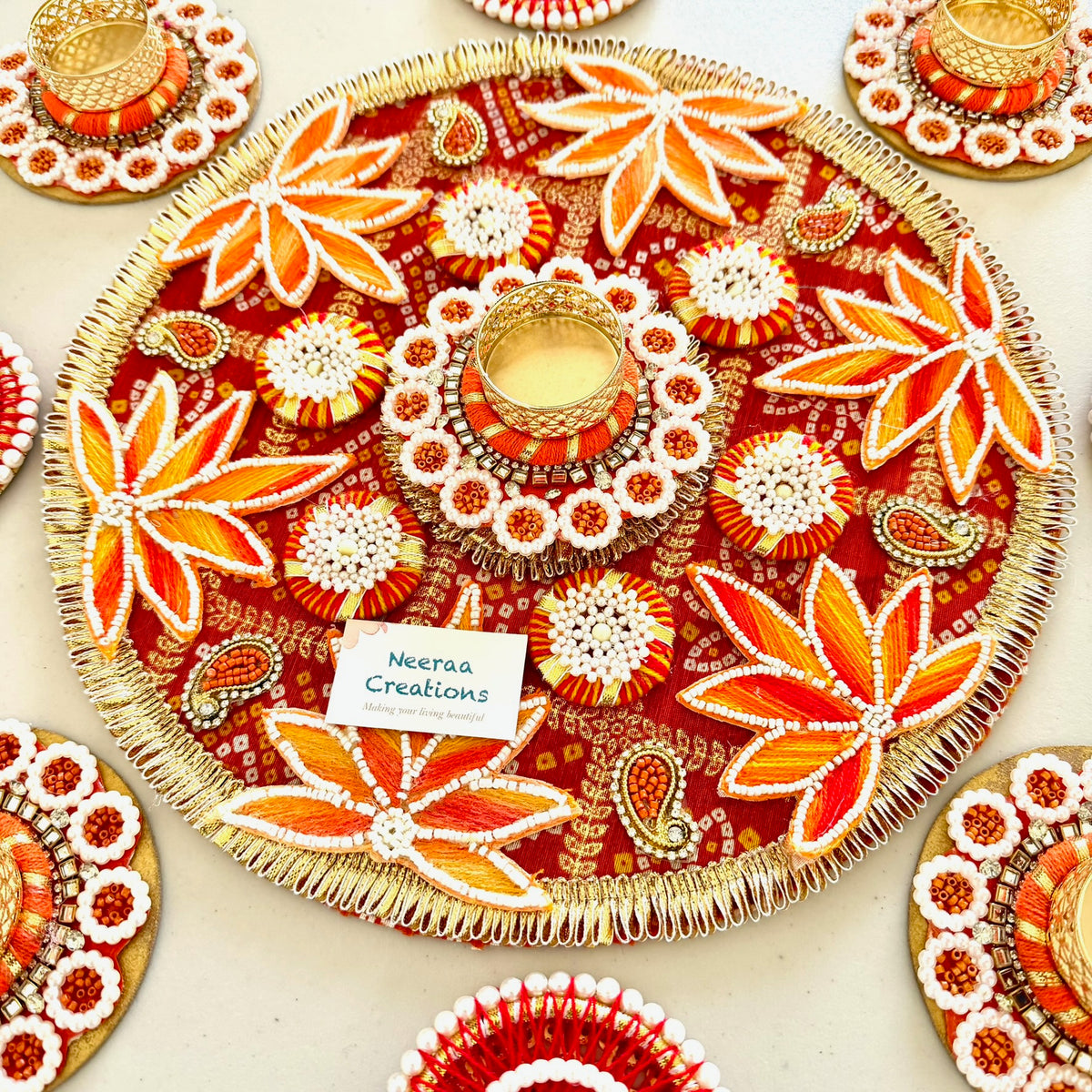 Handcrafted 9-Piece Rangoli & Tea Light Holder Set | Festive Centerpiece