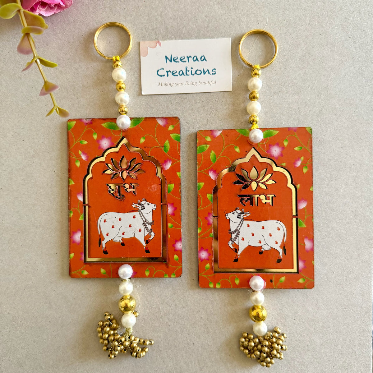 Shubh Labh Pichwai Cow & Lotus Hanging Pair