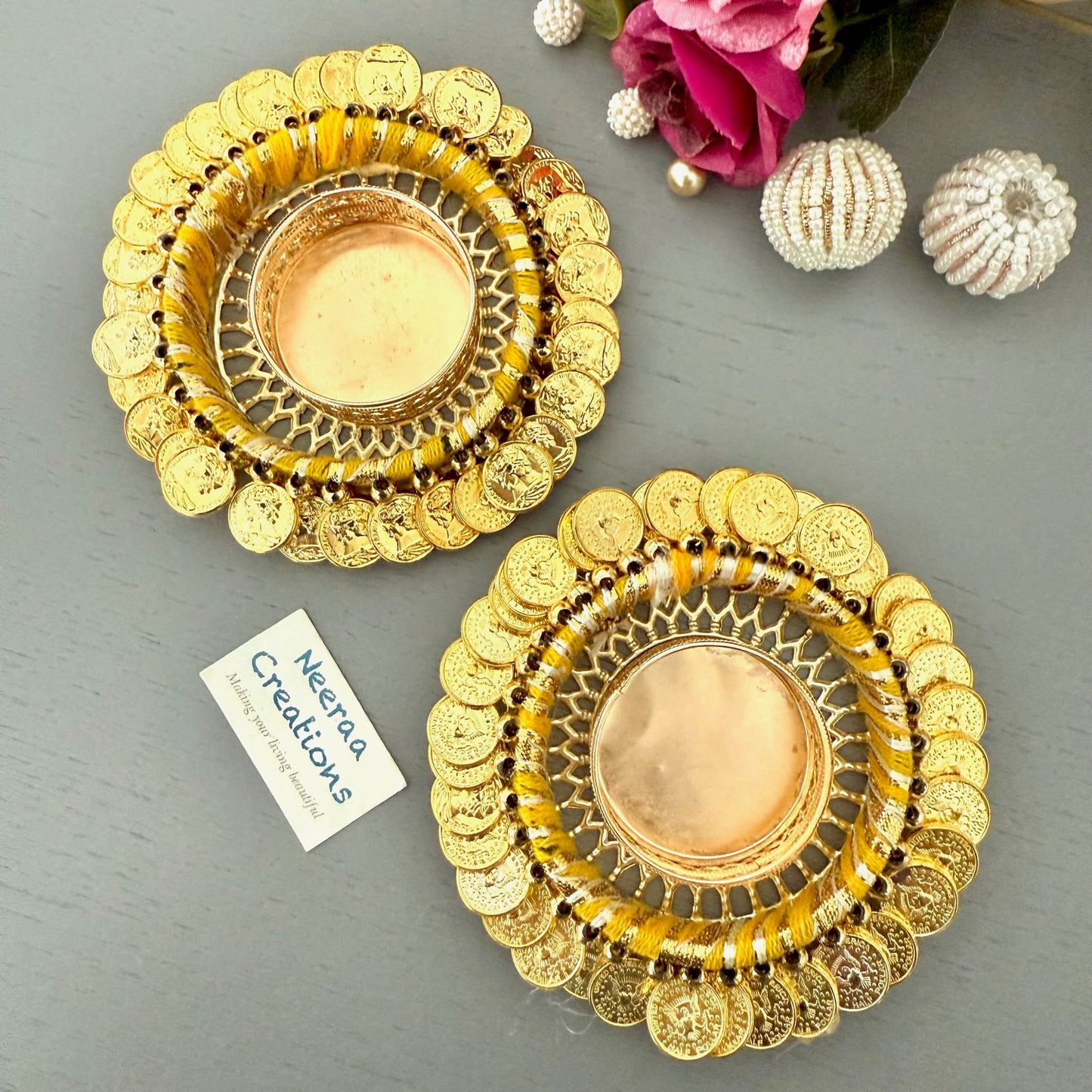Gold color coin (ginni) Tea-light holders (Set of 2)