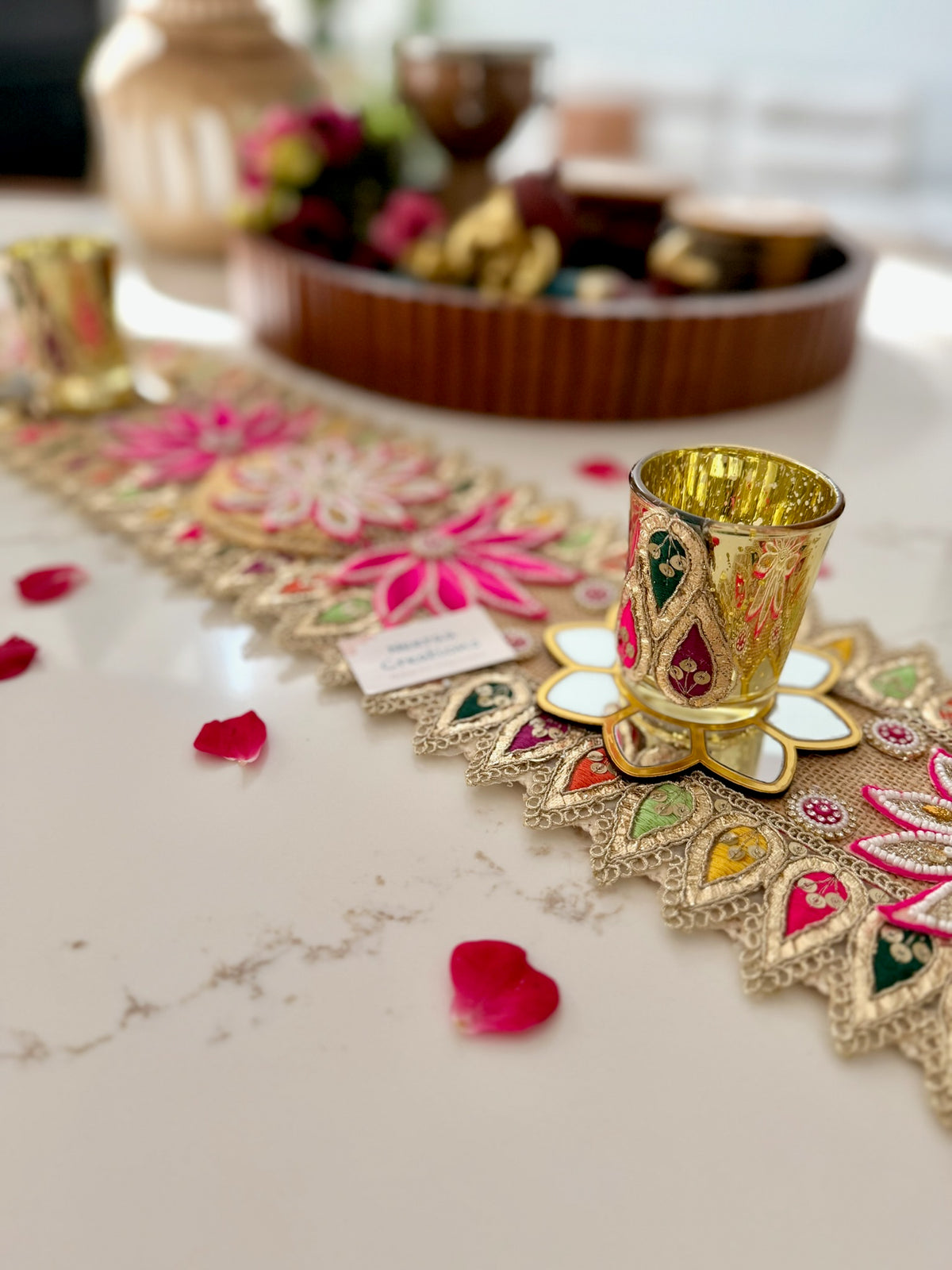 Handcrafted Festive Table Runner with 2 Glass Tea Light Holders