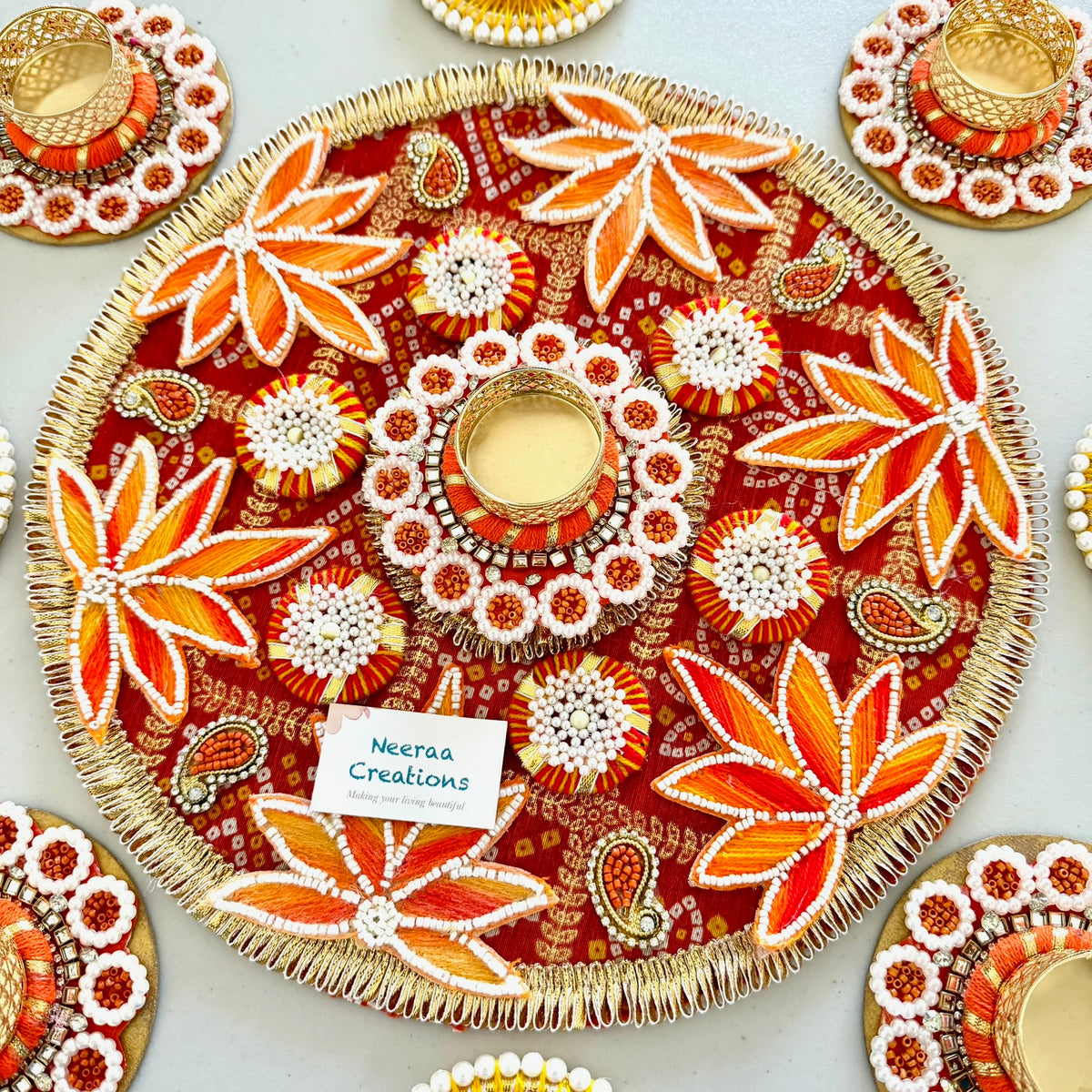 Handcrafted 9-Piece Rangoli & Tea Light Holder Set | Festive Centerpiece