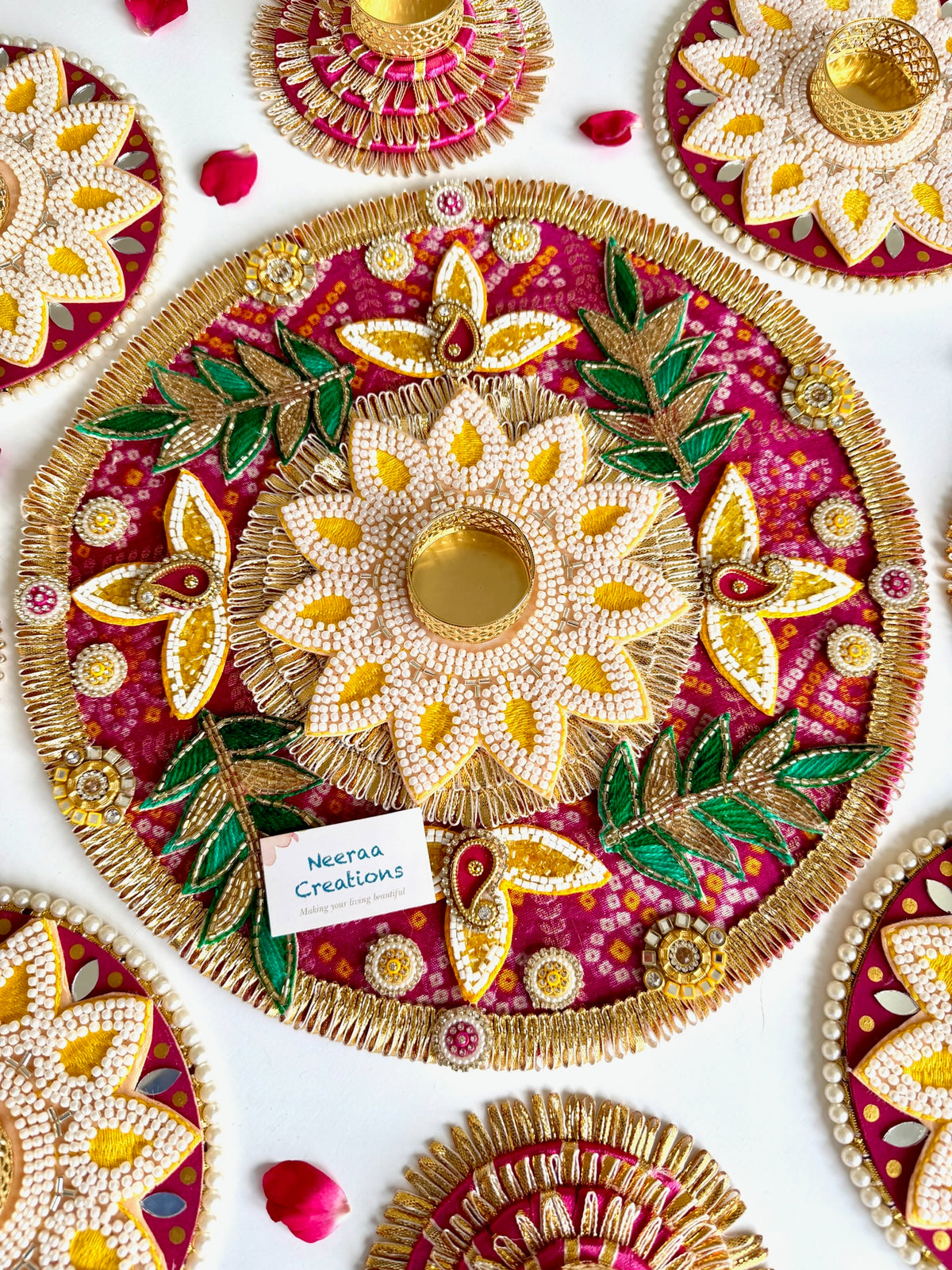 Handcrafted 9-Piece Beaded Rangoli & Diya Holder Set | Festive Decor