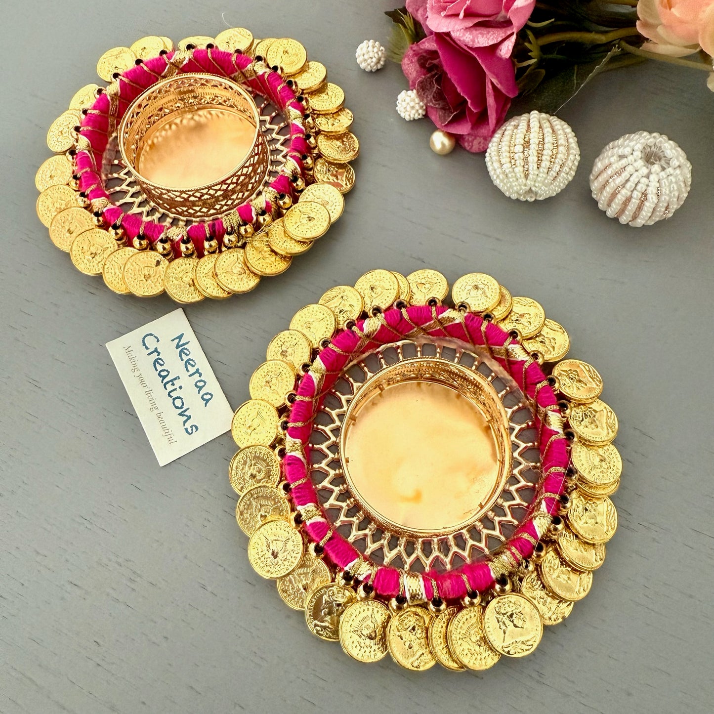 Gold color coin (ginni) Tea-light holders (Set of 2)