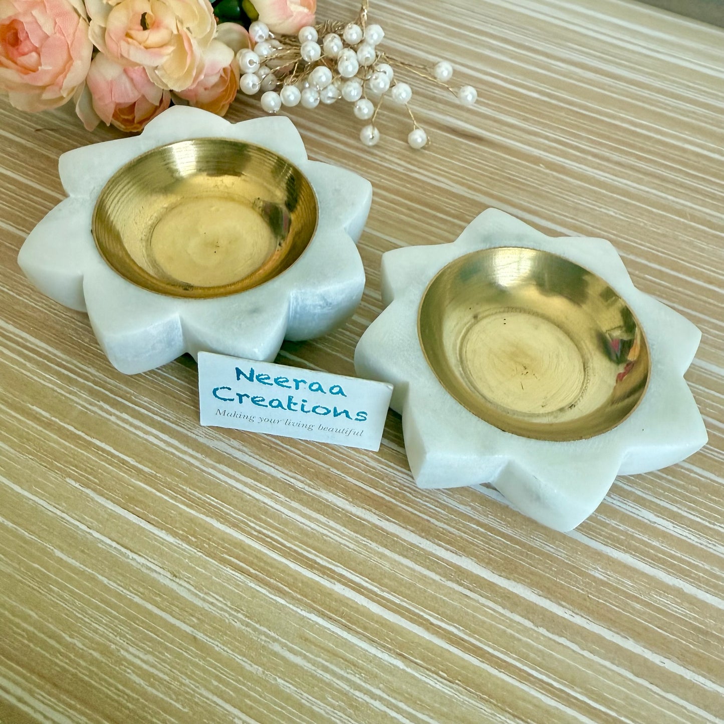 Marble Brass Diya set