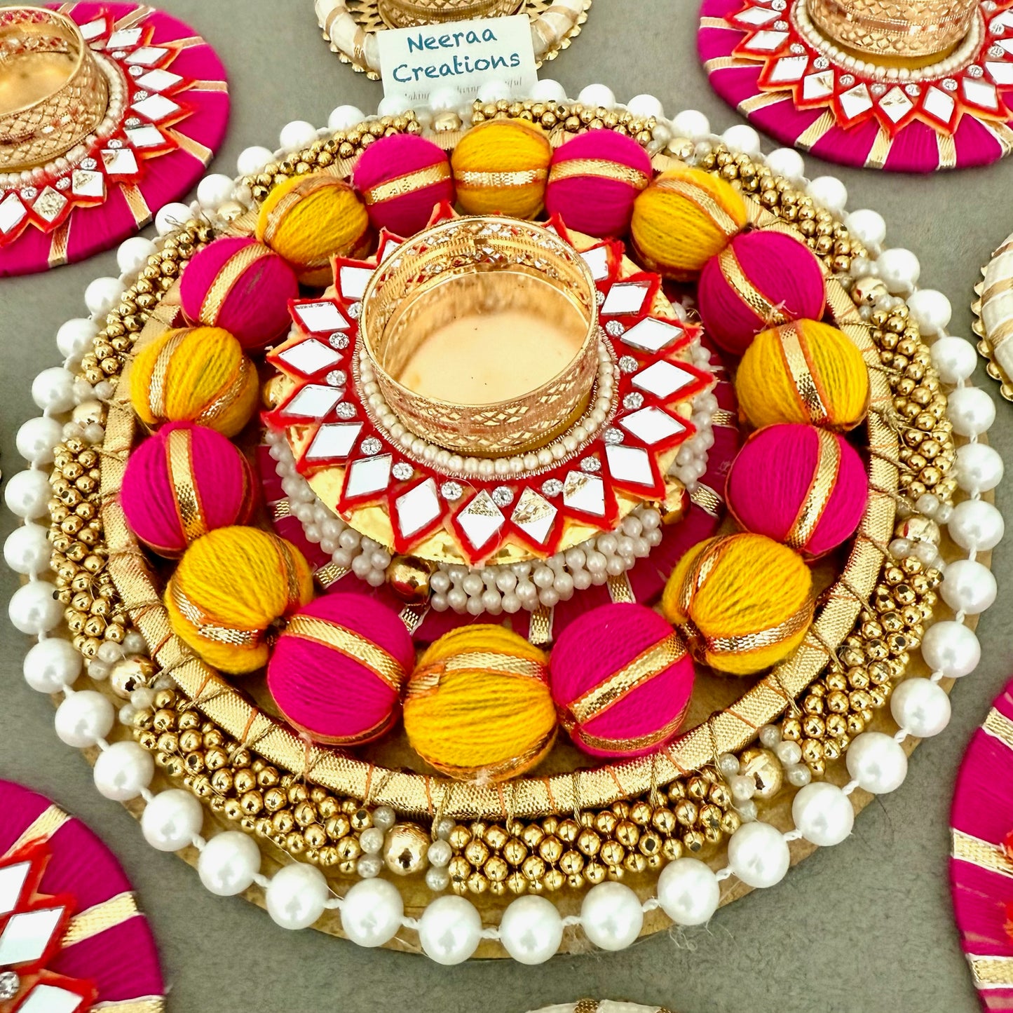 Premium Diwali Decoration Set – Designer Rangoli with Mirror Work Tealight Holders