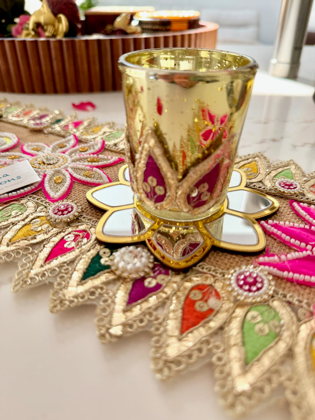 Handcrafted Festive Table Runner with 3 Glass Tea Light Holders