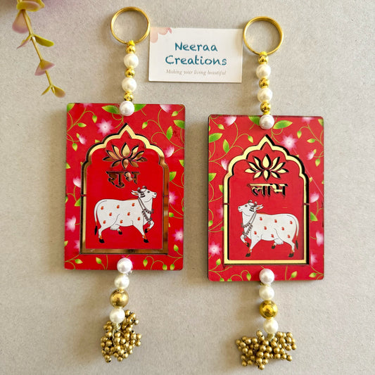 Shubh Labh Pichwai Cow & Lotus Hanging Pair