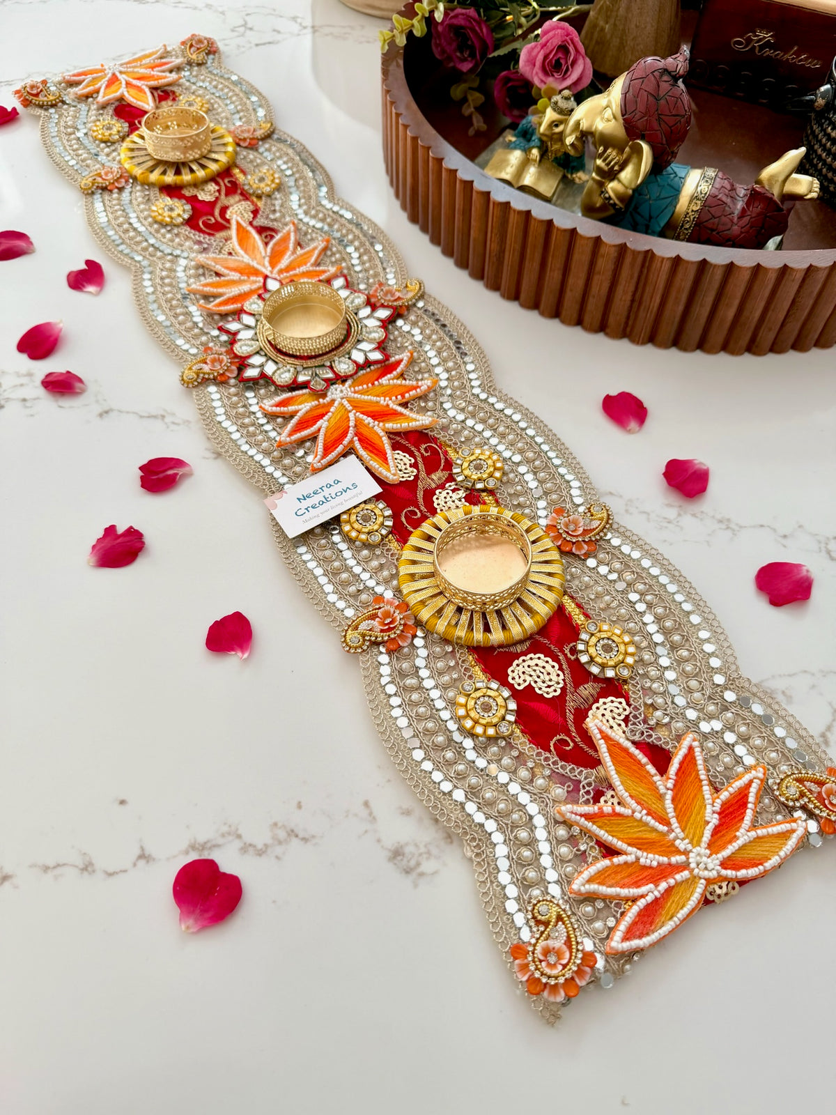 Handcrafted Table Runner & Diya Holder | Festive Centerpiece