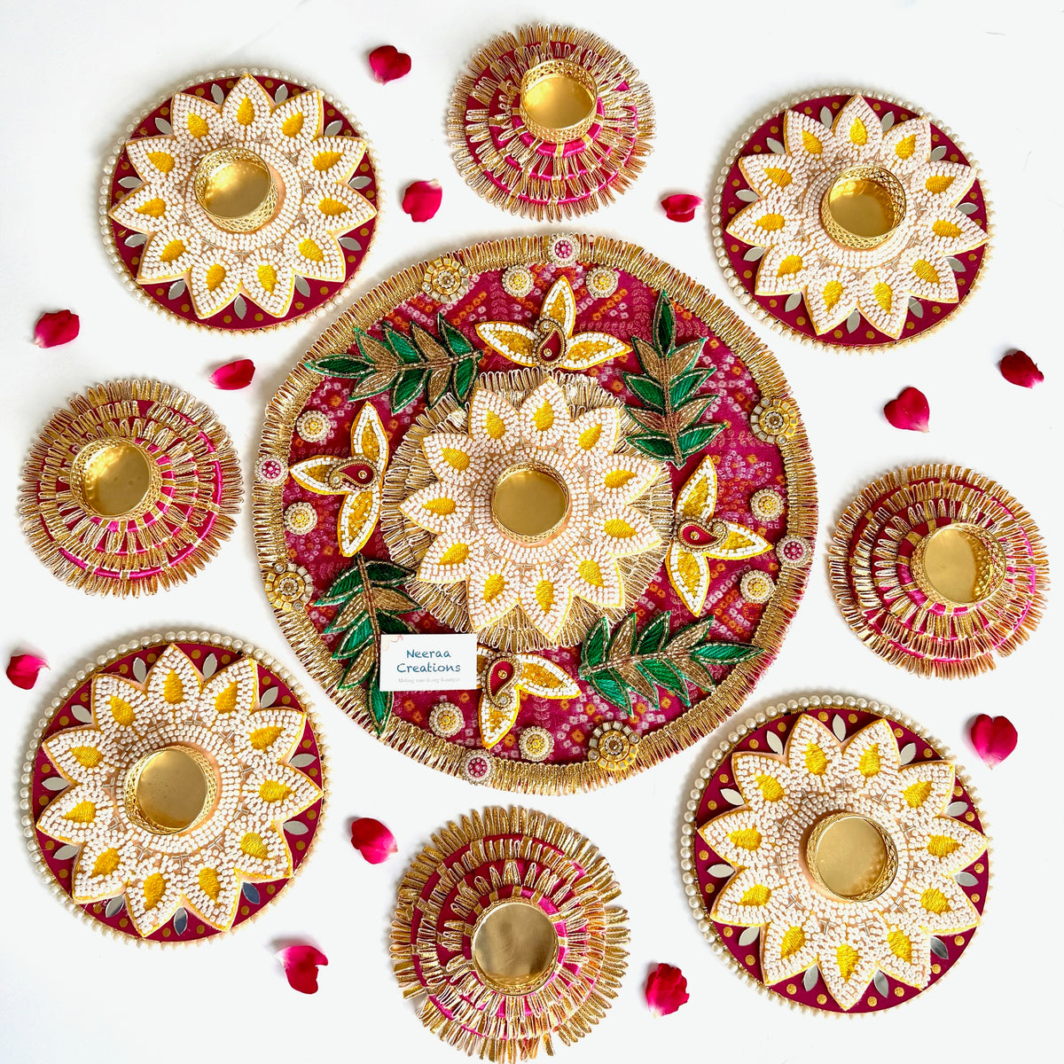 Handcrafted 9-Piece Beaded Rangoli & Diya Holder Set | Festive Decor