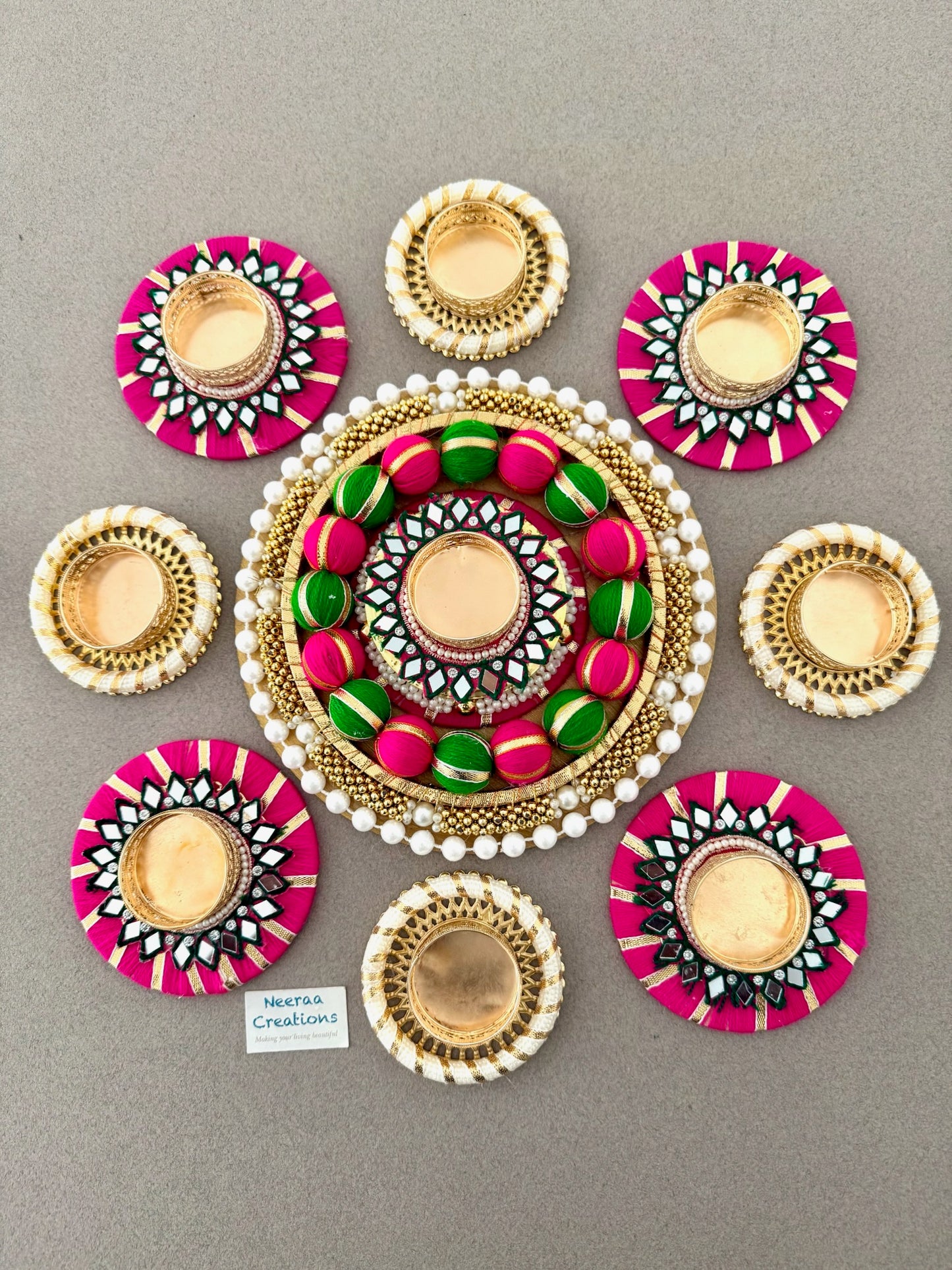 Premium Diwali Decoration Set – Designer Rangoli with Mirror Work Tealight Holders