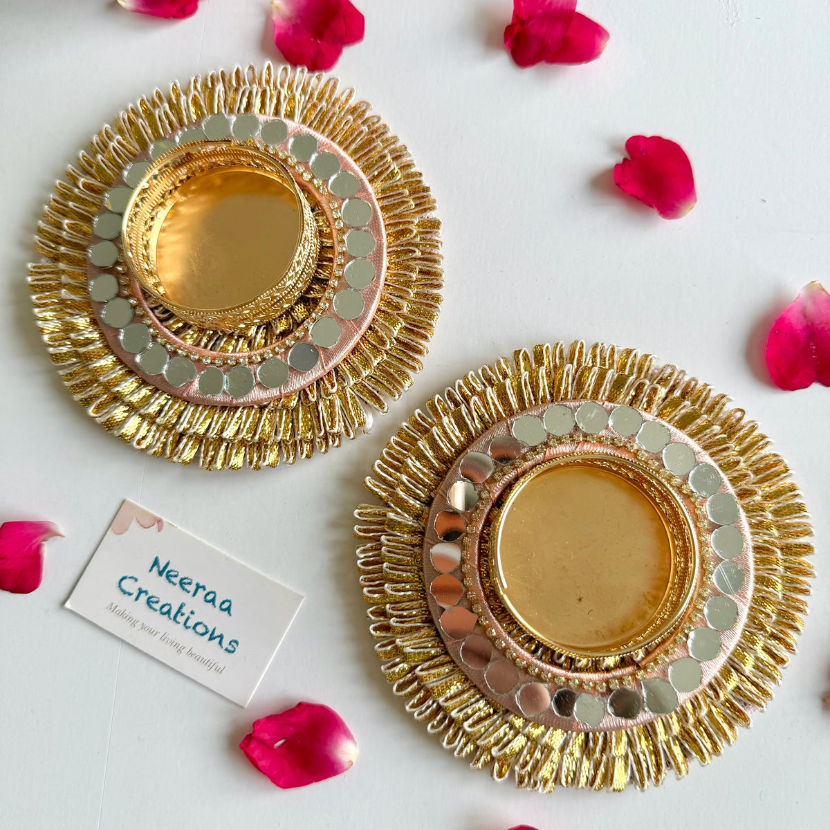Fringed & Mirror Tea Light Holder Set (Set of 2) | Festive Diwali Gift