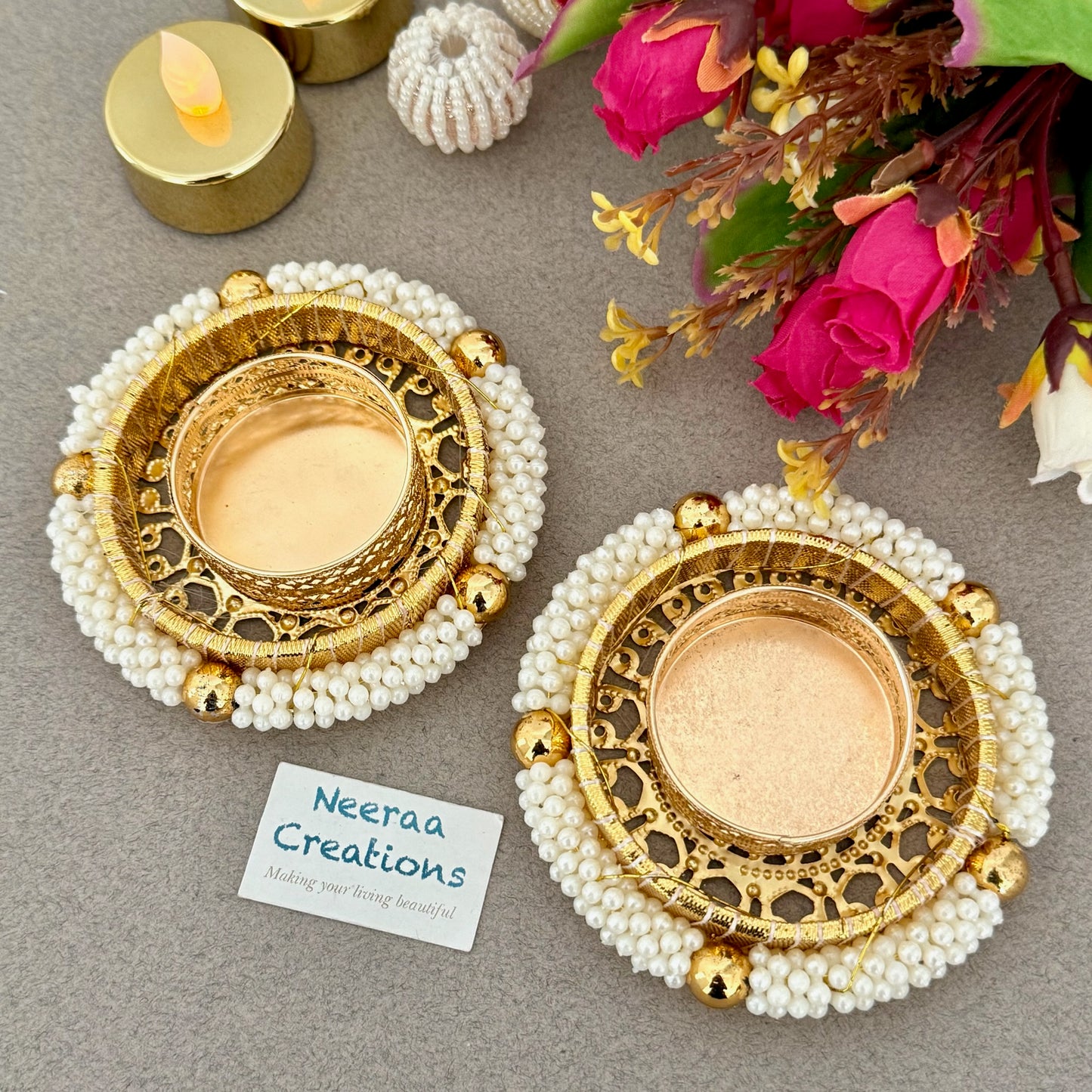 Regal Gold & Pearl Tea Light Holder Set (Set of 2)