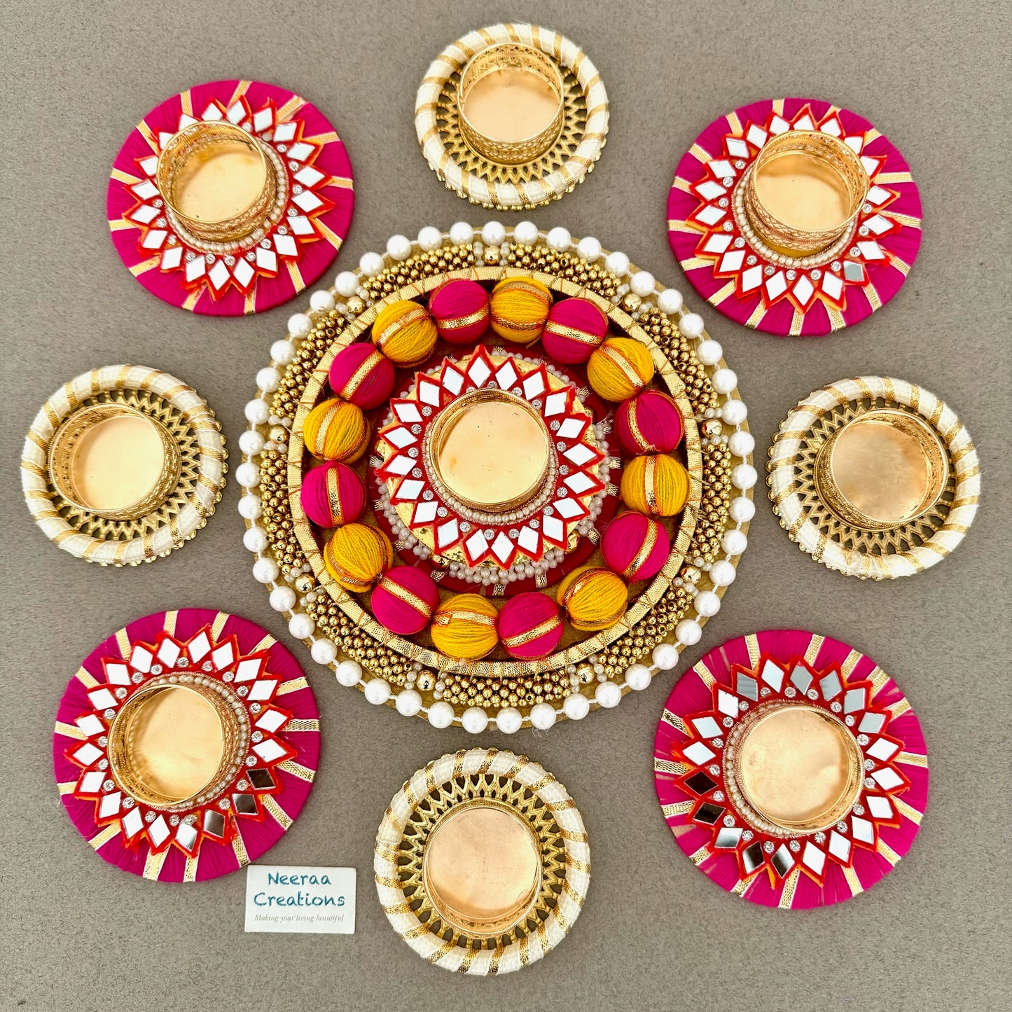 Premium Diwali Decoration Set – Designer Rangoli with Mirror Work Tealight Holders