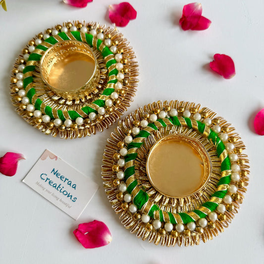 Handcrafted Pearl & Gold Fringed Tea Light Holder Set (Set of 2) | Festive Diwali Gift