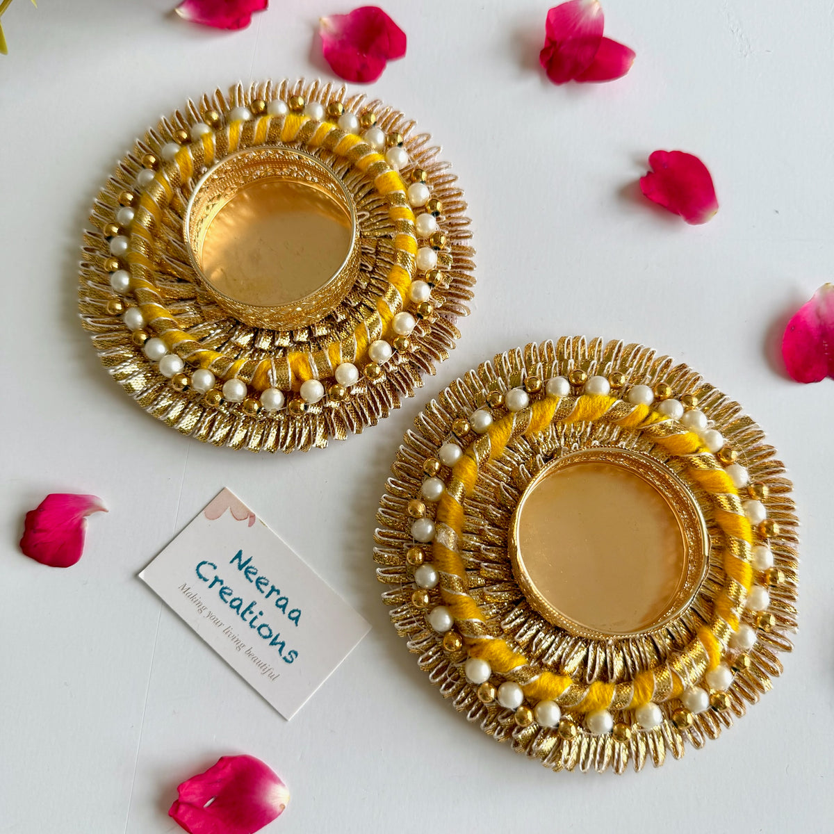Handcrafted Pearl & Gold Fringed Tea Light Holder Set (Set of 2) | Festive Diwali Gift