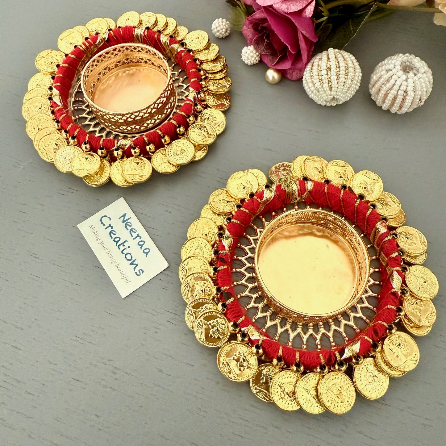 Gold color coin (ginni) Tea-light holders (Set of 2)