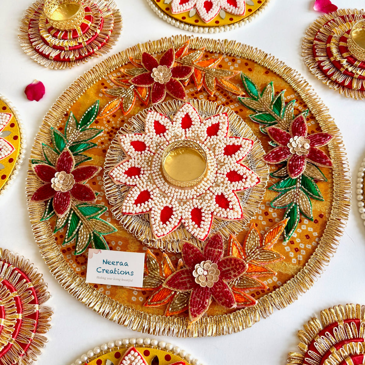 Handcrafted 9-Piece Beaded Rangoli & Diya Holder Set | Festive Decor