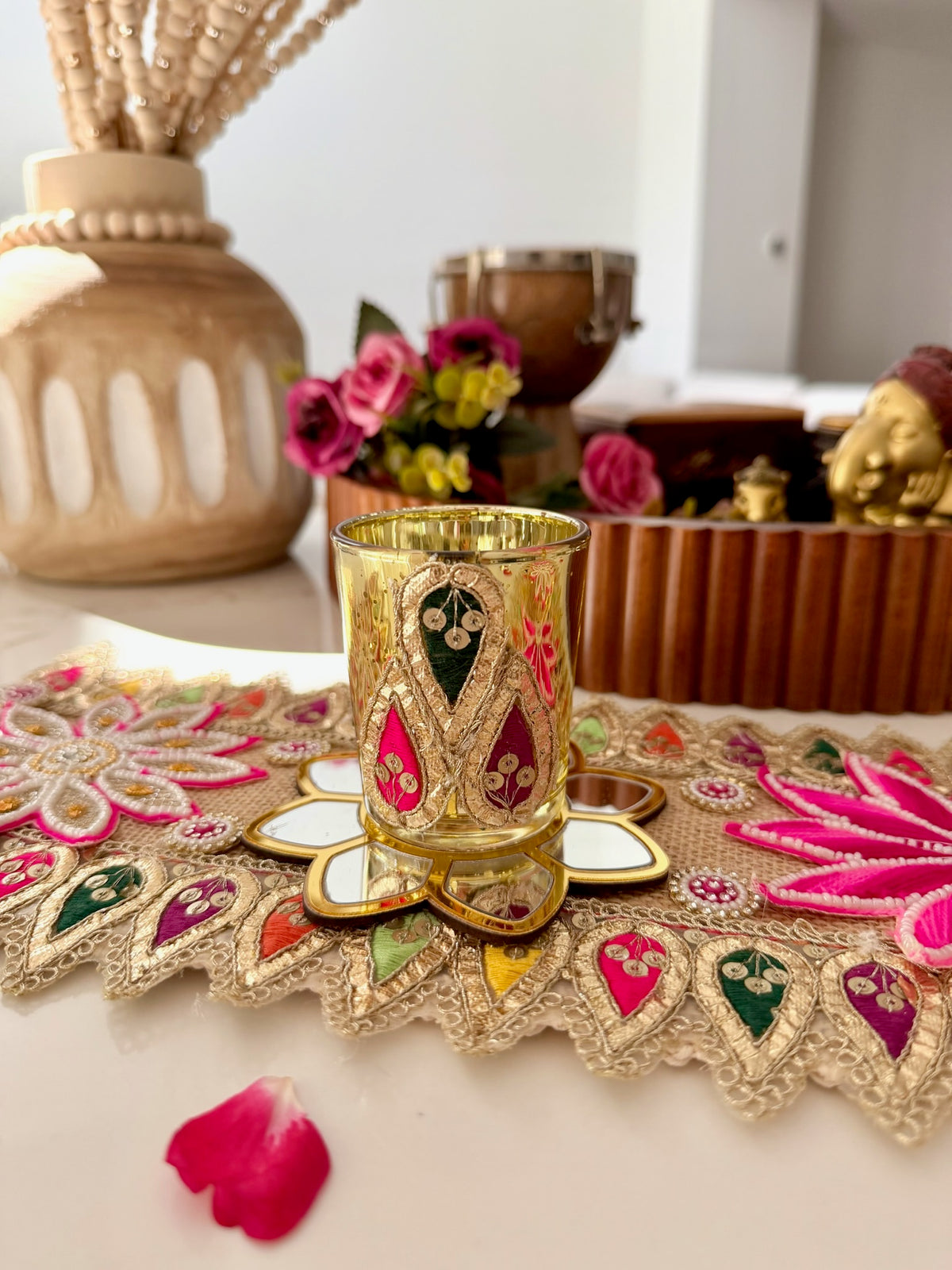 Handcrafted Festive Table Runner with 2 Glass Tea Light Holders