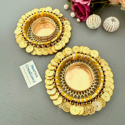Gold color coin (ginni) Tea-light holders (Set of 2)