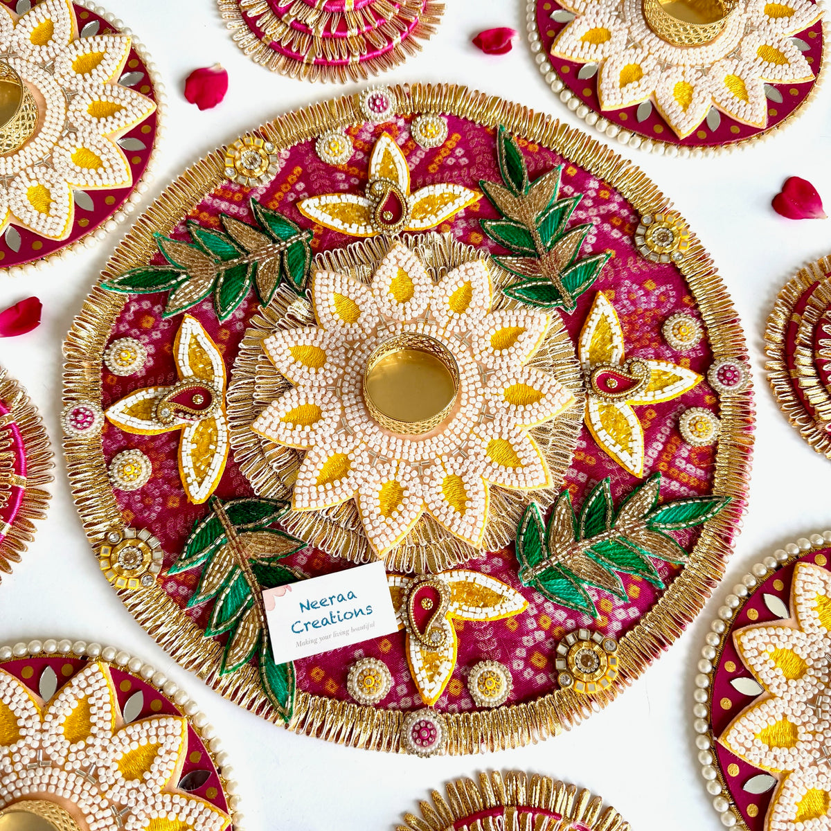 Handcrafted 9-Piece Beaded Rangoli & Diya Holder Set | Festive Decor