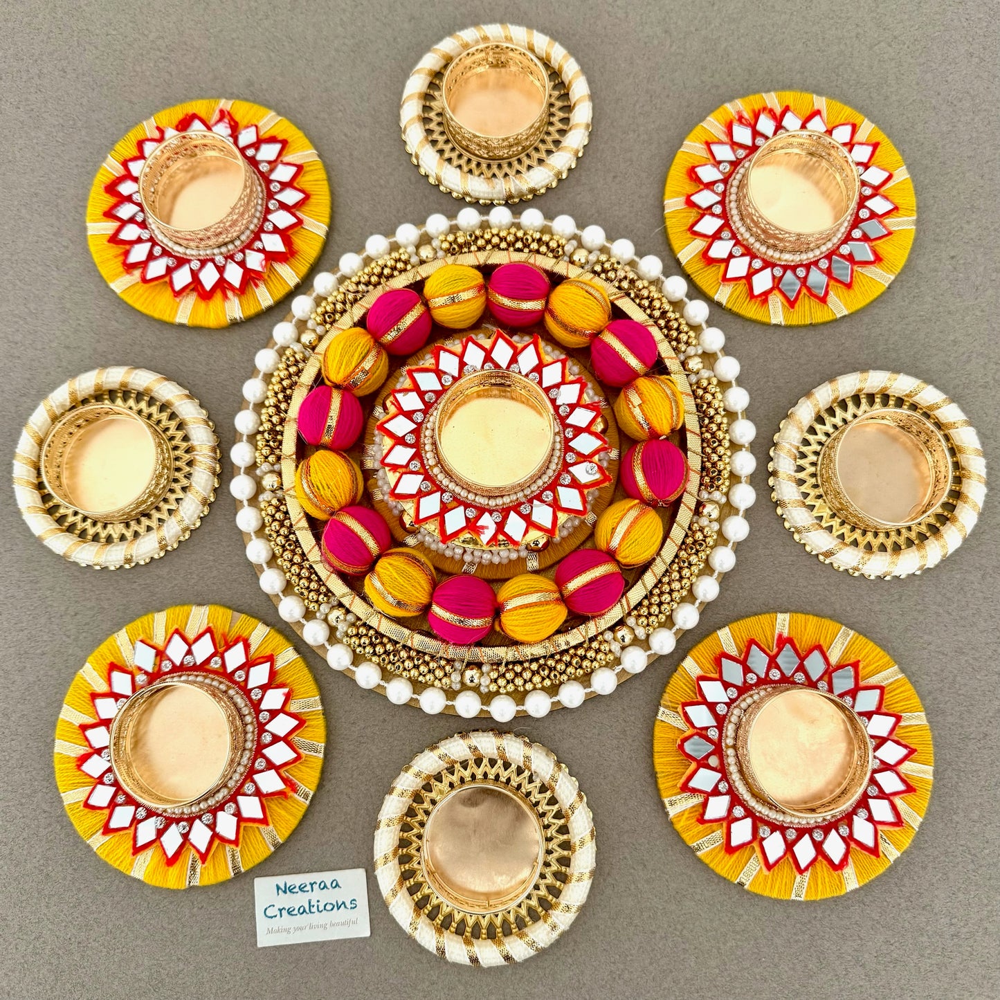 Premium Diwali Decoration Set – Designer Rangoli with Mirror Work Tealight Holders