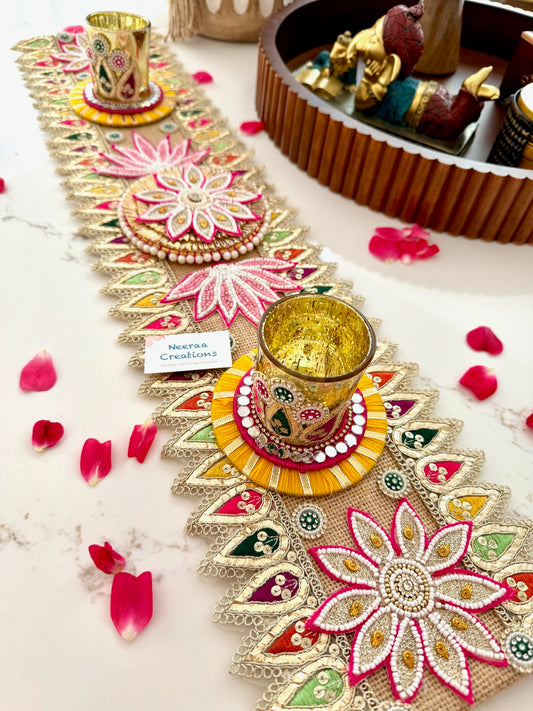 Handcrafted Festive Table Runner with 2 Glass Tea Light Holders